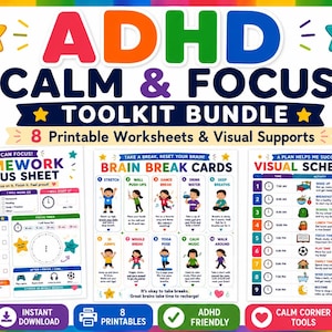 Könnte beinhalten: Ein farbenfrohes Grafikdesign für ein ADHD Calm & Focus Toolkit Bundle. Es enthält 8 ausdruckbare Arbeitsblätter und visuelle Hilfsmittel. Das Design zeigt den Text "ADHD Calm & Focus Toolkit Bundle" mit Grafiken und Symbolen.