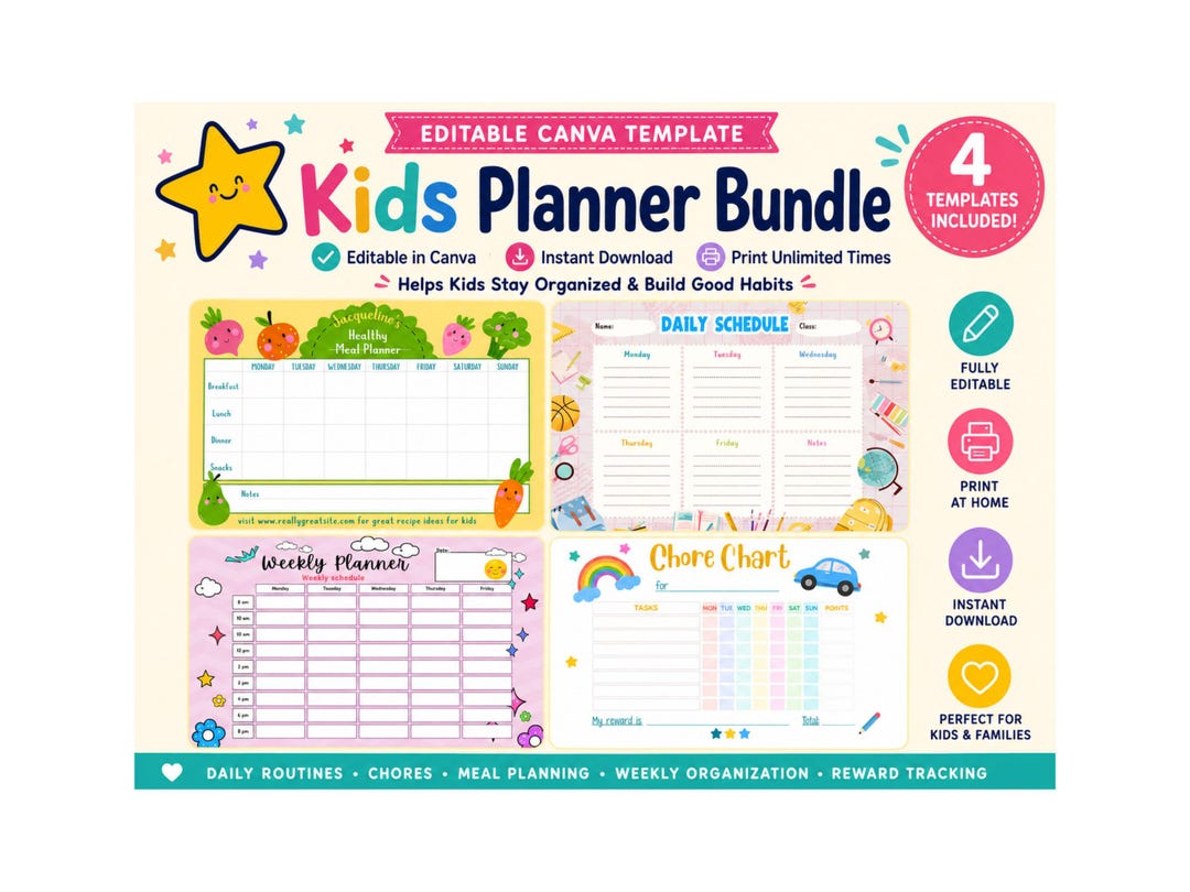 Editable Kids Routine Bundle Canva Template, Daily Schedule, Chore ...