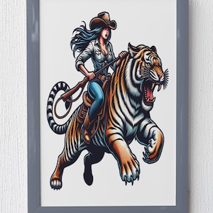 Cowgirl Riding Tiger Digital Wall Art | Bold Tattoo Style Digital Print | Western Jungle Poster | Strong Female Decor | Instant Download