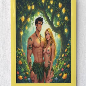Impresiones digitales de pared estilo caricatura de Adán y Eva / Impresión fantástica del Jardín del Edén / Descarga digital / Ilustración de pareja mítica / Decoración bíblica