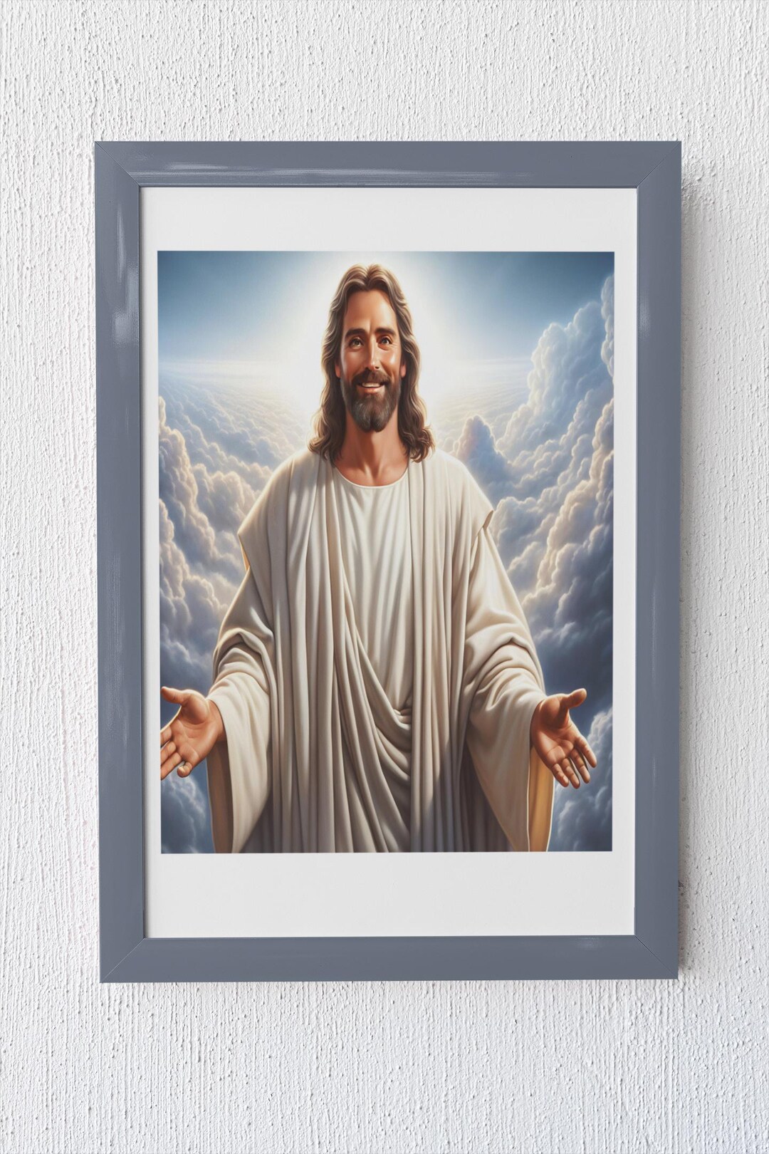 Smiling Jesus in the Clouds Digital Wall Art, Radiant Savior Christian ...