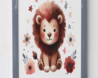 Cute Baby Lion Digital Wall Art Prints, Safari Nursery Animal Print, Watercolor Jungle Theme Decor, Digital Download for Kids Room