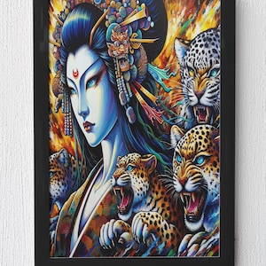 Geisha Warrior with Leopards Digital Art Prints | Fierce Feminine Power Wall Art | Japanese Jungle Fantasy Decor | Instant Download