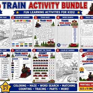 May include: A 10-page train activity bundle featuring coloring pages, color by number, mazes, word searches, tracing, matching games, and a certificate. The printable PDF pages measure 8.5 by 11 inches and are designed for ages 3-7.