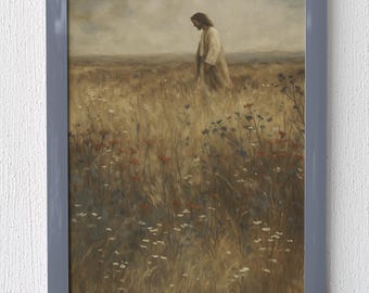 Jesus Walking in Wildflower Field Digital Wall Prints | Christian Digital Download | Rustic Faith Decor | Printable Bible Inspired Artwork