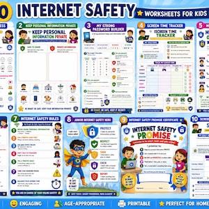 May include: A set of ten colorful educational worksheets titled 10 Internet Safety Worksheets for Kids. The pages feature illustrations of children, icons, and text covering topics like cyberbullying, password building, screen time, and safety rules.