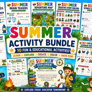 May include: A colorful summer activity bundle with 10 fun and educational activities. The bundle includes a crossword puzzle, brain teasers, an adventure map, a creative story builder, and a science experiment journal. The bundle also includes a summer scavenger hunt and a reading log.