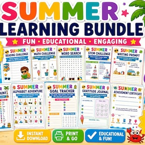 Puede incluir: Un colorido paquete de aprendizaje de verano con 10 actividades imprimibles para niños de 5 a 9 años. Incluye desafíos de lectura, matemáticas, búsqueda de palabras, STEM y escritura. Con el texto "Summer Learning Bundle".