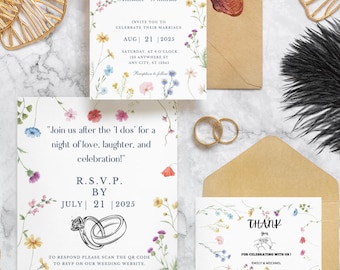 Wildflower Wedding Invitation Template, Printable Boho Floral Template, Printable Wedding Invitation, Wildflower Invitation, Edit in CANVA