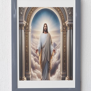 Jezus aan de poorten van de hemel digitale muurkunst, heilige christelijke print, Verlosser in het licht digitale download, op geloof gebaseerde woondecoratie wolkenscène