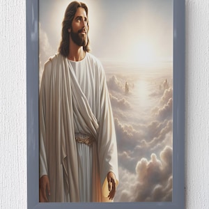Impresión digital de Jesús en el cielo, decoración de pared cristiana radiante, escena de nubes apacibles, descarga digital espiritual, póster religioso de fe