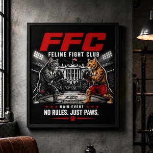 May include: A framed poster with the text "FFC FELINE FIGHT CLUB" and "NO RULES. JUST PAWS." Two cats in boxing attire face each other in a ring. The background features a building and stadium lights. The poster is displayed in a room with gym equipment.