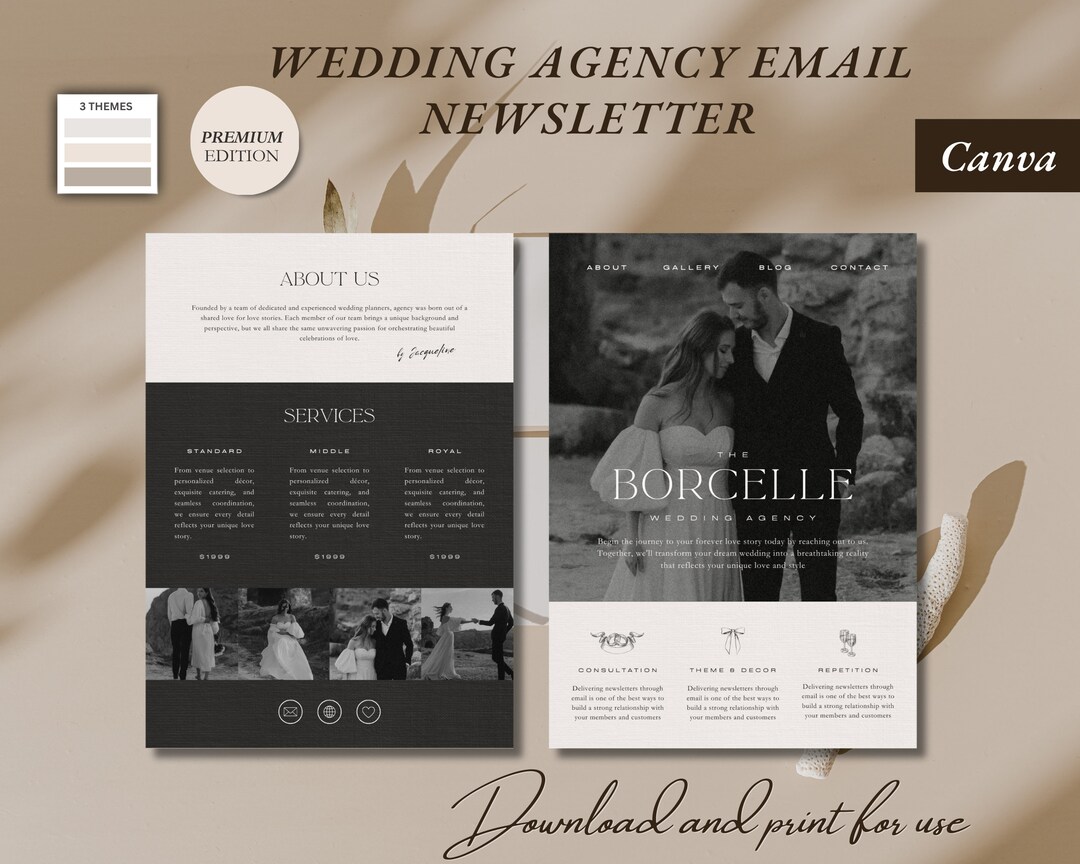 Elegant Wedding Agency Newsletter Template, Beige and Black (instant ...