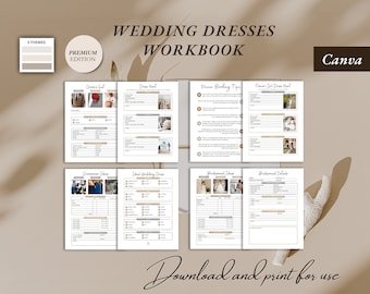 Werkboek voor trouwjurken, huwelijksplanner, bruidsorganisator, planningsgids, winkelen voor trouwjurken, checklist voor bruiloften