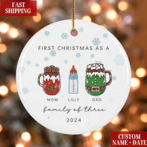 Family of Three Christmas Ornament, Family of 3 Family Ornament, First Christmas Ornament, Personalized Baby's First Christmas Ornament Gift
