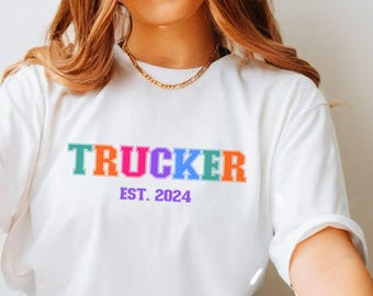 Camiseta de camionero personalizada con año, camiseta de camionero nueva personalizada, regalo para papá y mamá de camionero, regalo de cumpleaños de camionero, camiseta de esposa de camionero