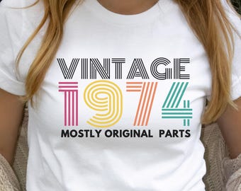 Maglietta personalizzata vintage con l'anno di nascita del 1974, idee per magliette unisex per il 50° compleanno per lui e per lei, regalo di compleanno per mamma e nonno, regalo retrò per il 50° compleanno