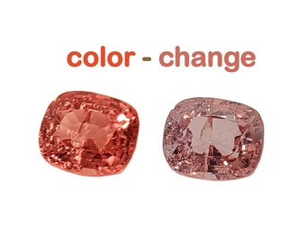 spinele zmieniające kolor. 1,70 ct, 7,5 x 6,5 x 4,3 MM, zmiana koloru z brzoskwiniowego na ciemnopomarańczowy.