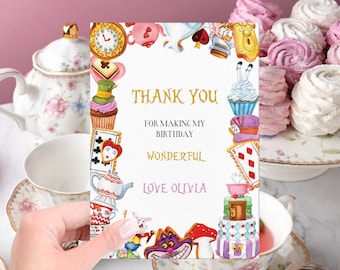 Editable Alice in Wonderland Birthday Thank you Note Cards, Alice in Wonderland Thank You Card, Alice in Wonderland Party Template, TEMPLEET