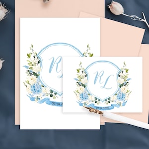 Blue Hydrangea Wedding Crest, Hydrangea Watercolor Crest, Watercolor Crest, Wedding Crest, DIY Watercolor Crest, Edit with TEMPLETT, RILEY