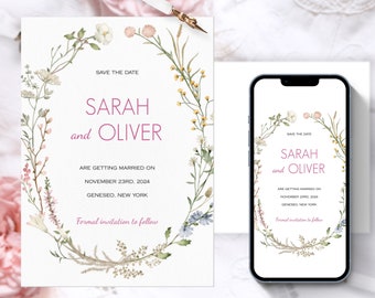 Save the Date Invitation Template Wildflower, Wedding Invitation, Edit with TEMPLETT, Instant Download, Digital Invitation, Mobile, SARAH