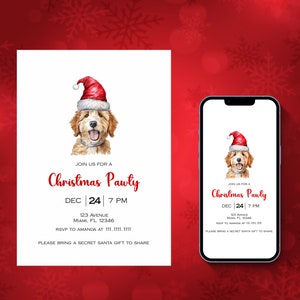 Bearbeitbare Weihnachtseinladung Hund, Weihnachtsfeier-Einladung, Weihnachtsfeier-Einladung, Goldendoodle, Haustier-Einladung, TEMPLETT