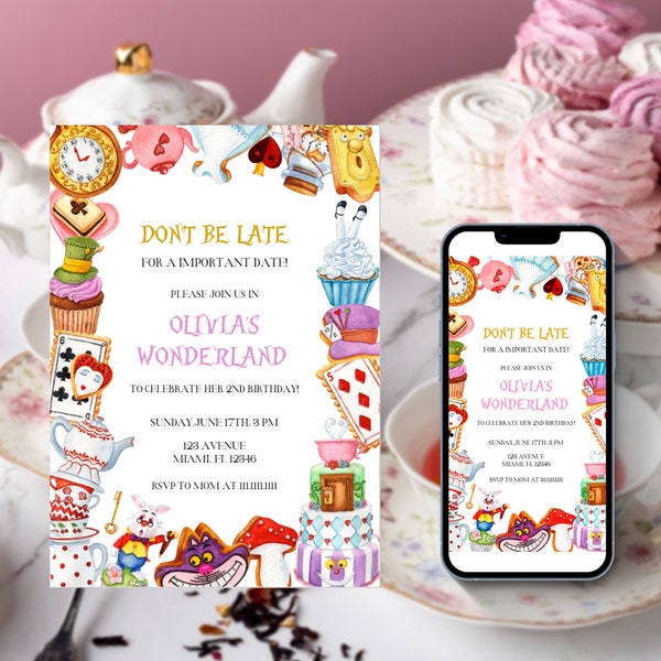 Editable Alice in Wonderland Birthday Invitation, Alice in Wonderland Invitation, Alice in Wonderland Party Template, Mad Tea Party,TEMPLEET