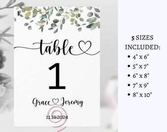 Wedding Table Numbers Template Greenery, Printable Wedding Table Number, Edit with TEMPLETT, Instant Download, Editable Table Number, GRACE