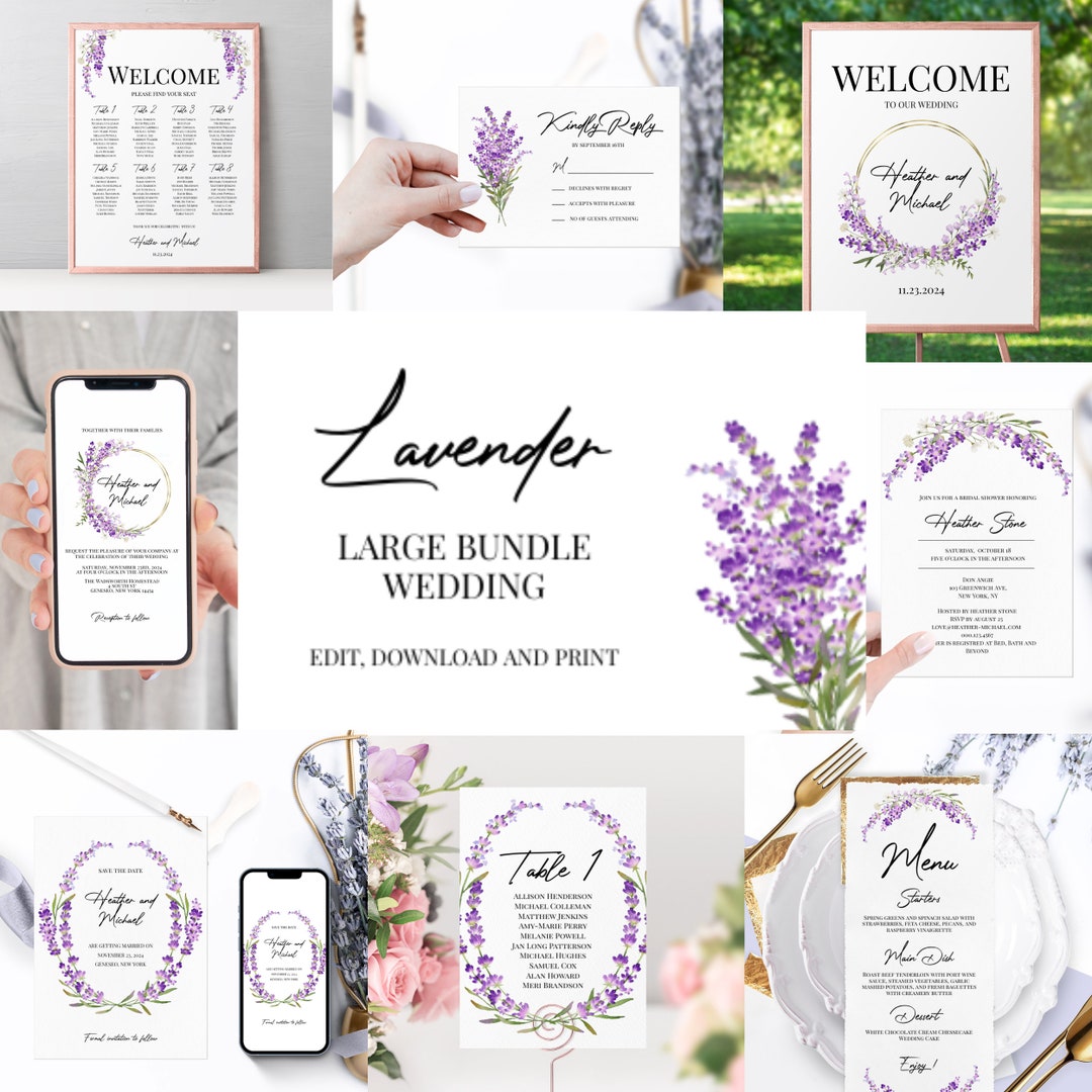 Wedding Invitation MEGA Bundle Template Lavender, Wedding Invites Suite ...