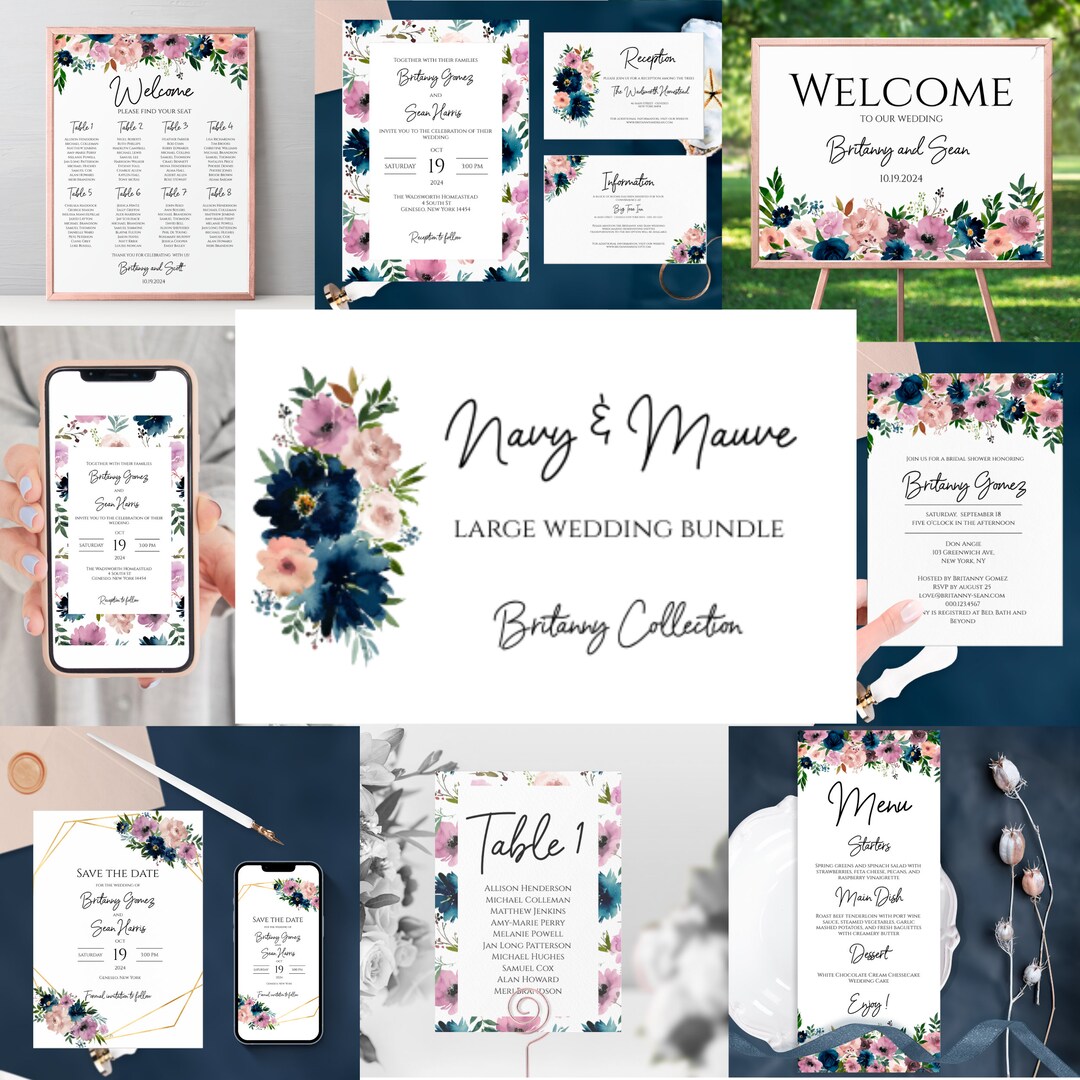 Wedding Invitation MEGA Bundle Template Navy &amp; Mauve, Wedding Invites ...