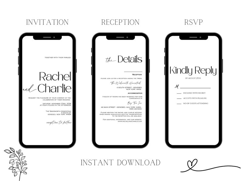 Minimalist Electronic Wedding Invitation Template, Details and Rsvp Minimalist, Custom Wedding