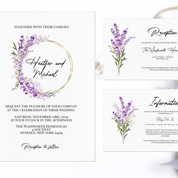 Wedding Invitation Template Suite Lavender, Printable Invitation, Wedding Invitation, Edit with TEMPLETT, Download, Lilac Wedding, HEATHER