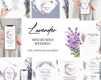 Wedding Invitation MINI bundle Template Lavender, Wedding Invites Suite, Wedding Invitation, Editable, Instant Download, Mobile, HEATHER