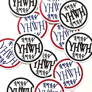 May include: A selection of circular stickers featuring the text "YHWH" in a decorative font. The stickers are white with the text in black, brown, or blue, some with red or black borders. The stickers are arranged on a white background.