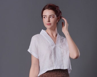 Linen top LISA, Linen Cropped Top, Cropped Top Short Sleeves, White Linen Blouse, Handmade Linen Blouse, Prewashed linen, Sustainable Blouse