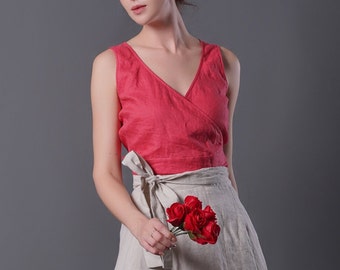 Reversible Linen Top KOMO, Wrap Top, Linen Cropped Shirt, Tie Waist Linen Top, Linen Vintage Blouse, Sleeveless Linen Top, Plus Size Linen