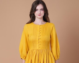Linen Dress ARI, Cottagecore Linen Dress, Country dress, Yellow linen outfit, Linen Bridesmaid dress,  Romantic Linen Dress, Midi dress
