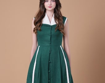 Color Block Linen Dress FLEUR, Retro Linen Dress dress, Close fitting dress, Fit and Flare dress, Tailored fit Dress, Vintage 1950s