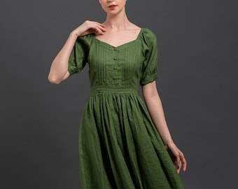 Cottagecore Linen Dress MALTA - Romantic Green Maxi Dress - Long Linen Dress - Handmade to Order