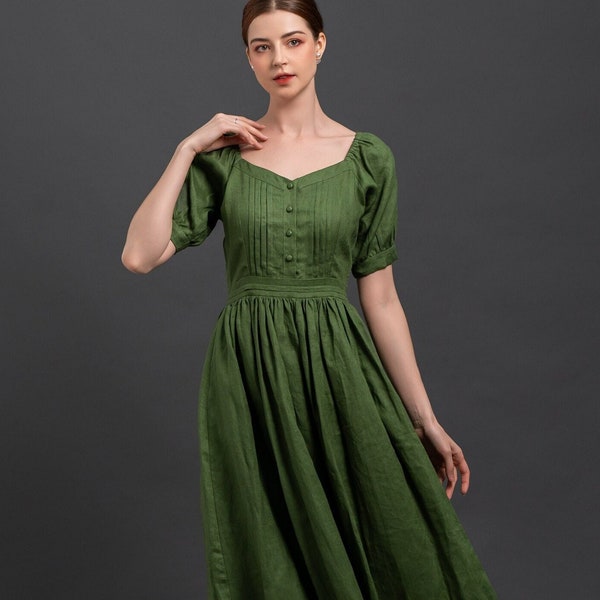 Cottagecore Linen Dress MALTA - Romantic Green Maxi Dress - Long Linen Dress - Handmade to Order