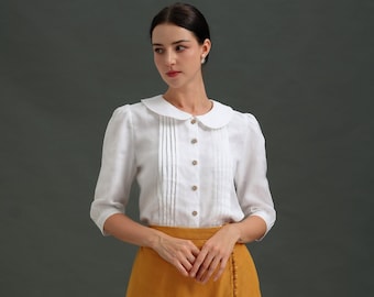 Linen top SUSANA, Peterpan Neckline Top, Classic White blouse, Button Up Linen Blouse, Women Linen Clothing, Long Sleeves Linen Blouse