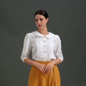 Linen top SUSANA, Peterpan Neckline Top, Classic White blouse, Button Up Linen Blouse, Women Linen Clothing, Long Sleeves Linen Blouse