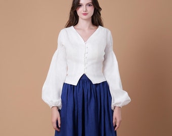 Linen Two Piece Set, Skirt and Blouse, Button Down Victorian Blouse, Long Sleeves Top, Linen Midi Skirt, Elastic Waist, Custom Made Clothing