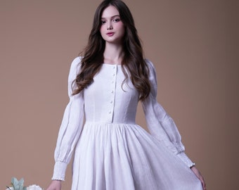 Linen Dress DONNA, Cottagecore Linen Dress, Fall Dress,  Long Sleeves Linen Dress, Close fitting Dress, White Linen Dress, Victorian Dress