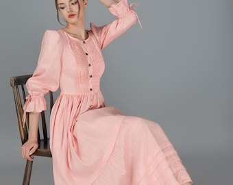 Linen Dress MARIBELLE, Modest Linen Dress, Puff Sleeve Dress, Cottagecore Dress, Holiday dress, Wedding guest dress, Vintage Inspired Dress