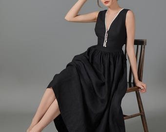 Button Down Linen Dress BEATRICE, Linen Pinafore, Black linen dress, Summer Dress, Sundress, Midi Dress, Gift For Her