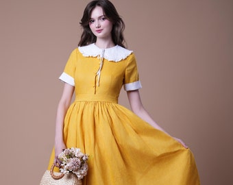 Linen Dress FIONA, Cottagecore Linen Dress, Fall Dress,  Long Sleeves Linen Dress, Close fitting Dress, Yellow Linen Dress, Victorian Dress