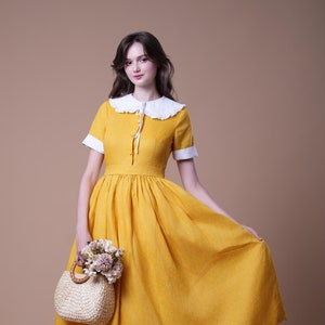 Linen Dress FIONA, Cottagecore Linen Dress, Fall Dress,  Long Sleeves Linen Dress, Close fitting Dress, Yellow Linen Dress, Victorian Dress