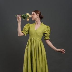 Linen Dress KARA, Cottagecore Linen Dress, Green linen dress, Linen Summer dress,  Romantic Linen Dress, Maxi linen dress, Valentine Dress