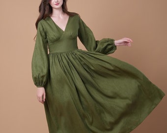 Linen Dress OLIVIA, Cottagecore Linen Dress, Autumn Linen Dress, Green linen dress, Fall dress, Close Fitting Linen Dress For Woman